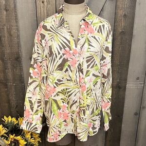 J.Jill Love Linen Petite M Tropical Floral Button Down 100% Linen Blouse